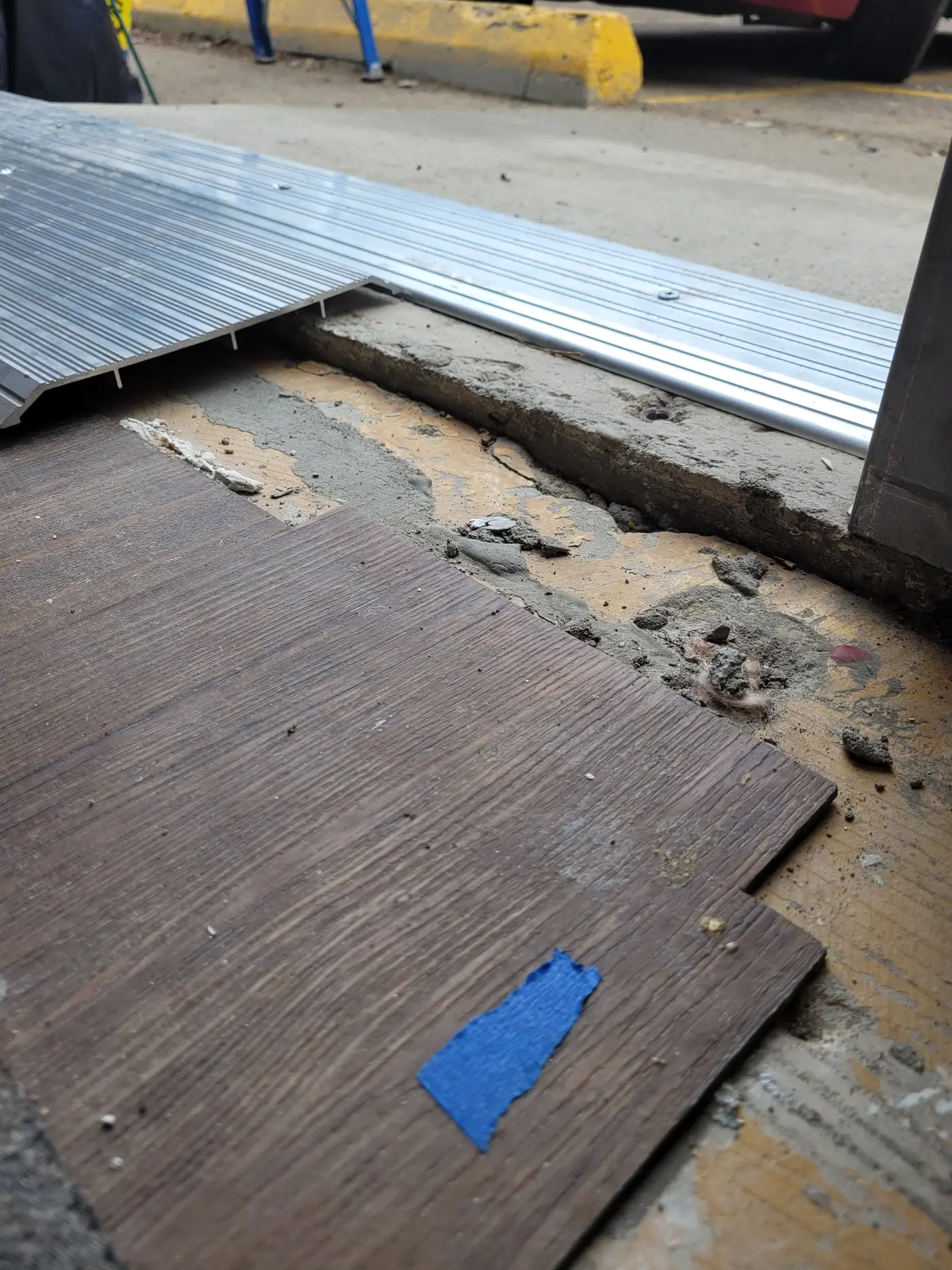 Interior damage and debris from impact repair area